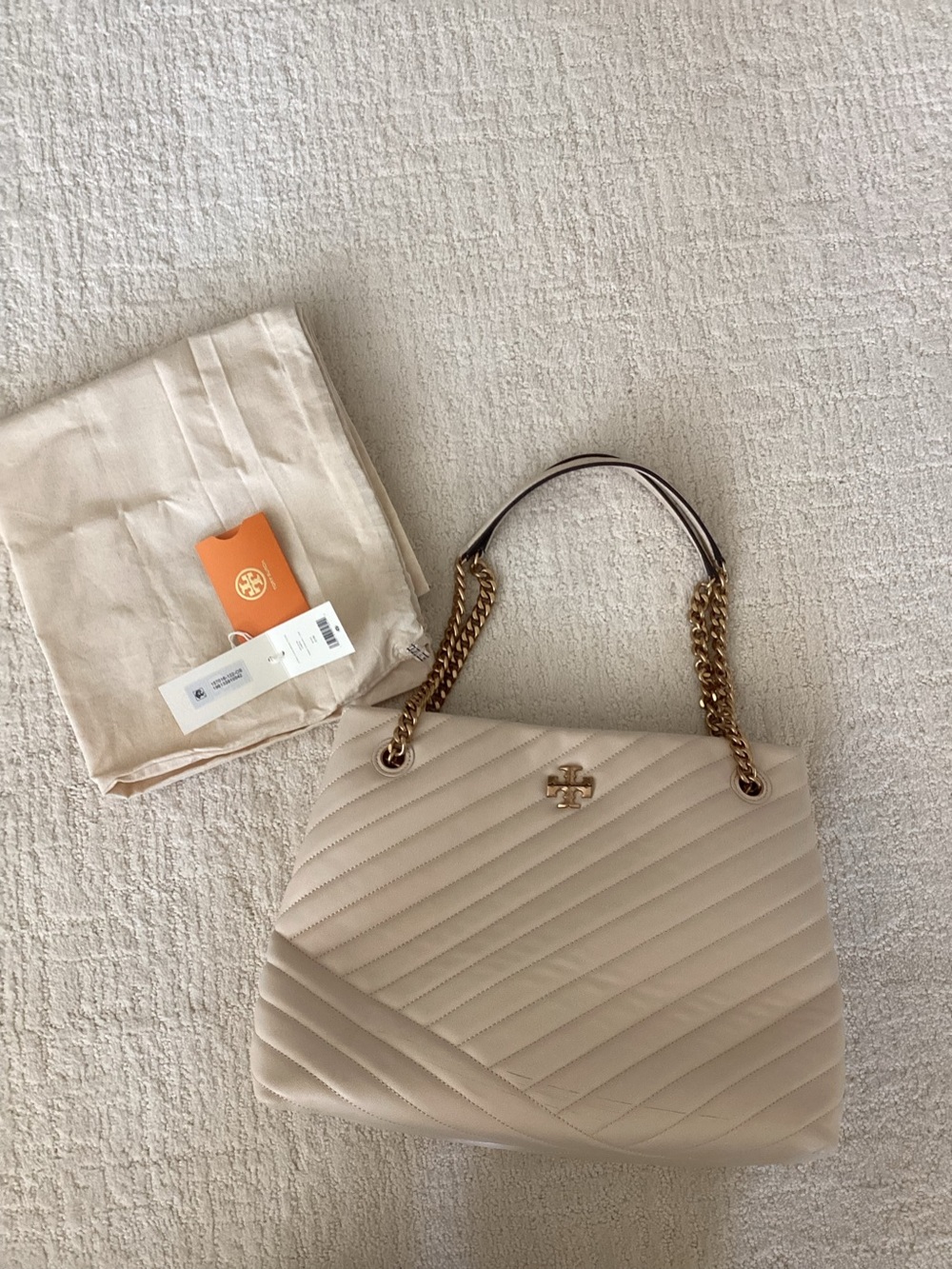Tory Burch Quilted Chevron Leather Shoulder Bag in Beige with Gold Hardware